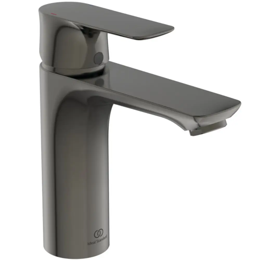 Armatur von Ideal Standard mit moderner, flacher Auslaufkante und Hebel zur Steuerung des Wassers. Die Oberfläche ist in einem schlichten grauen Farbton gehalten.